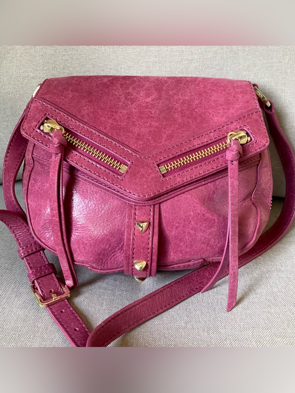 NWOT Botkier Trigger Saddle Crossbody Bag  Studs Hot Pink Glazed Grained Leather